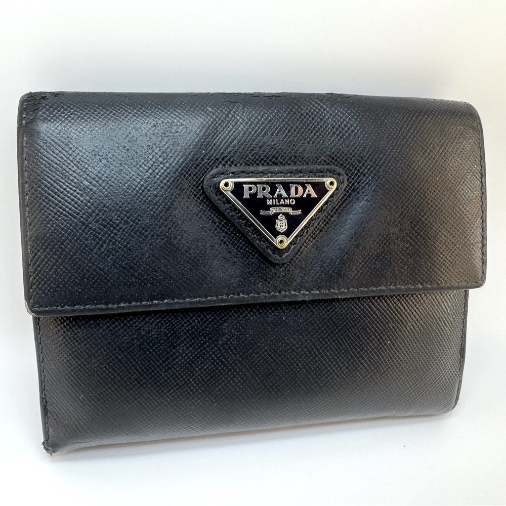 Prada Compact Bifold Wallet Saffiano W Coin Pocket Snap Closure Authentic EUC